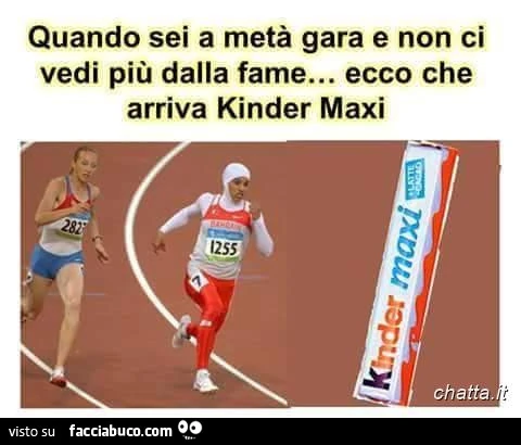 Divisa musulmana nella corsa della Olimpiadi: quando sei a metà gara e non ci vedi più dalla fame&hellip; ecco che arriva Kinder Maxi