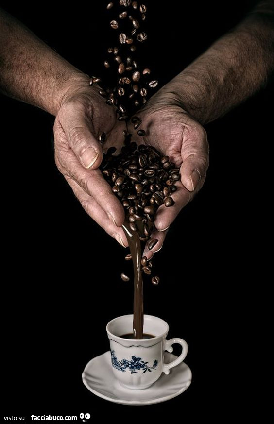 Chicchi di caffè cadono sulle mani e si trasformano in caffè che finisce dentro la tazzina