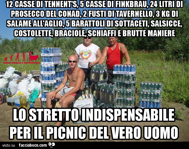 12 casse di Tennent's, 5 cassi di Finkbrau, 24 litri di prosecco del Conad, 2 fusti di Tavernello, 3 Kg di salame all'aglio. Lo stretto indispensabile per il picnic del vero uomo