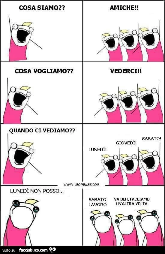 Cosa siamo? Amiche! Cosa vogliamo? Vederci! Quando ci vediamo? Lunedì, Giovedì, Sabato. Lunedì non posso. Sabato lavoro. Va beh facciamo un'altra volta