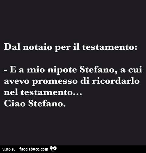 Dal notaio per il testamento: e a mio nipote stefano, a cui avevo promesso di ricordarlo nel testamento… ciao stefano