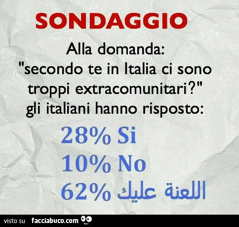Sondaggio: alla domanda secondo te in italia ci sono troppi extracomunitari? Gli italiani hanno risposto