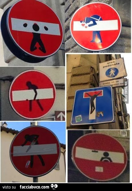 Omini buffi disegnati sui segnali stradali di divieto d'accesso