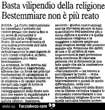 Basta vilipendio della religione. Bestemmiare non è più reato
